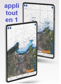 Tablette dans le carré d’un bateau affichant des informations de navigation